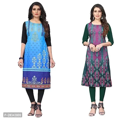 SANSKRUTI FASHION Women's Crepe Digital Print Straight Kurta(Pack of 2) (L, BabyblueOliveGreen)-thumb0