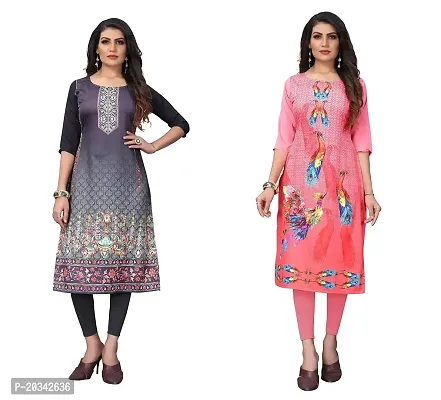 SANSKRUTI FASHION Women's Crepe Digital Print Straight Kurta(Pack of 2) (L, SILVERBLACKRosepink)-thumb0