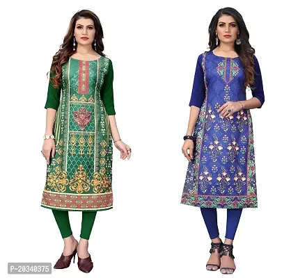 SANSKRUTI FASHION Women's Crepe Digital Print Straight Kurta(Pack of 2) (L, ForestGreenDODGEBLUE)-thumb0