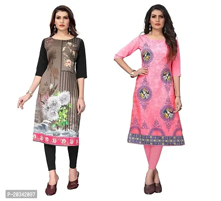 sanskruti fashion Women's Crepe Digital Print Straight Kurta(Pack of 2) (S, WHITEBLACKTOMATOPINK)-thumb0