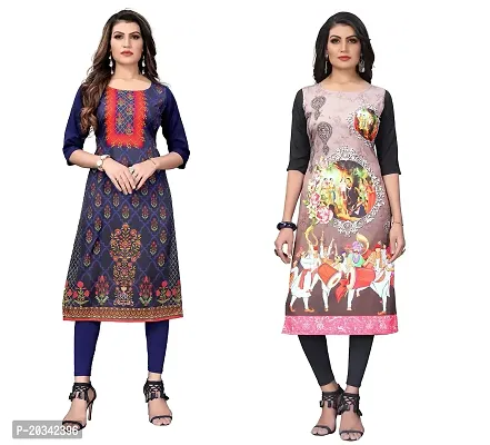 SANSKRUTI FASHION Women's Crepe Digital Print Straight Kurta(Pack-2) (S, BlueCream)-thumb0