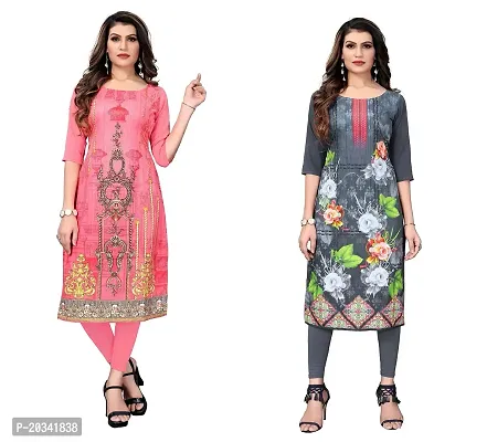 SANSKRUTI FASHION Women's Crepe Digital Print Straight Kurta(Pack of 2) (S, CORALPINKLIGHTGREY)