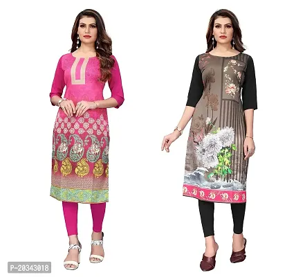 SANSKRUTI FASHION Women's Crepe Digital Print Straight Kurta(Pack 2) (S, PinkWHITEBLACK)-thumb0