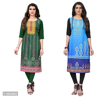 SANSKRUTI FASHION Women's Crepe Digital Print Straight Kurta(Pack of 2) (S, LightGreenBabyblue)