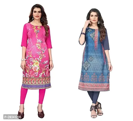 SANSKRUTI FASHION Women's Crepe Digital Print Straight Kurta(Pack of 2) (XL, HOTPINKDIMGREY)