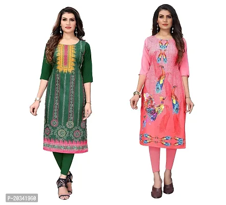 SANSKRUTI FASHION Women's Crepe Digital Print Straight Kurta(Pack of 2) (XL, LightGreenRosepink)-thumb0