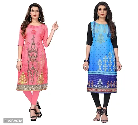 SANSKRUTI FASHION Women's Crepe Digital Print Straight Kurta(Pack of 2) (XL, CORALPINKBabyblue)-thumb0