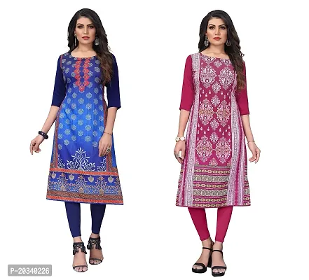 SANSKRUTI FASHION Women's Crepe Digital Print Straight Kurta(Pack of 2) (M, NAVYBLUEDEEPPINK)-thumb0