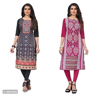 SANSKRUTI FASHION Women's Crepe Digital Print Straight Kurta(Pack of 2) (M, REDBLACKDEEPPINK)-thumb0