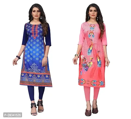 SANSKRUTI FASHION Women's Crepe Digital Print Straight Kurta(Pack of 2) (XL, NAVYBLUERosepink)