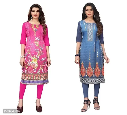 SANSKRUTI FASHION Women's Crepe Digital Print Straight Kurta(Pack of 2) (S, HOTPINKBluegrey)-thumb0