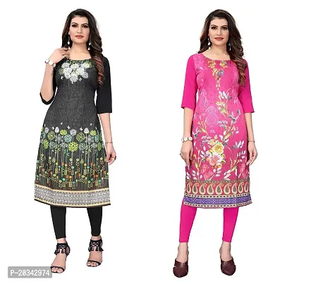 SANSKRUTI FASHION Women's Crepe Digital Print Straight Kurta(Pack of 2) (XXL, DARKBLACKHOTPINK)-thumb0