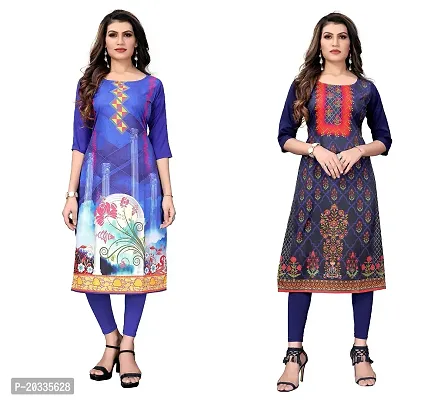 SANSKRUTI FASHION Women's Crepe Digital Print Straight Kurta(Pack of 2) (L, BlueNAVYBLUE)