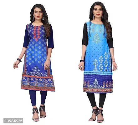 SANSKRUTI FASHION Women's Crepe Digital Print Straight Kurta(Pack of 2) (M, NAVYBLUEBabyblue)-thumb0