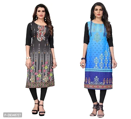 SANSKRUTI FASHION Women's Crepe Digital Print Straight Kurta(Pack of 2) (L, BlackBabyblue)