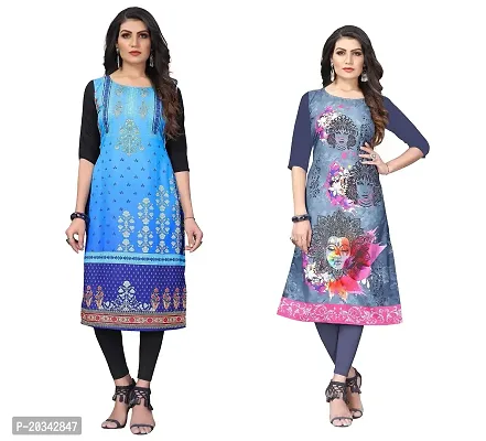 SANSKRUTI FASHION Women's Crepe Digital Print Straight Kurta(Pack of 2) (XL, BabyblueSLATEGREY)