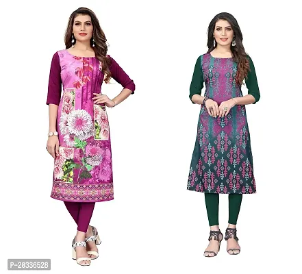 SANSKRUTI FASHION Women's Crepe Digital Print Straight Kurta(Pack of 2) (S, PURPELOliveGreen)-thumb0