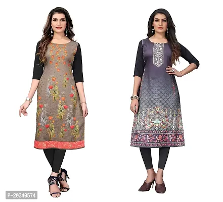 SANSKRUTI FASHION Women's Crepe Digital Print Straight Kurta(Pack of 2) (M, SADDLEBROWNSILVERBLACK)-thumb0