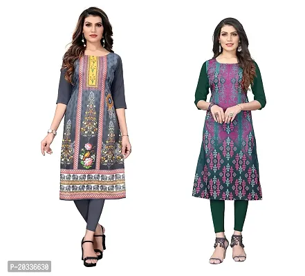 SANSKRUTI FASHION Women's Crepe Digital Print Straight Kurta(Pack of 2) (XXL, GreyOliveGreen)