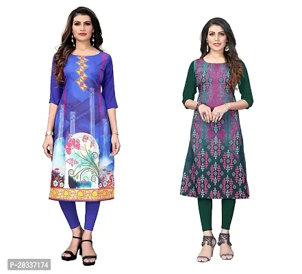 SANSKRUTI FASHION Women's Crepe Digital Print Straight Kurta(Pack of 2) (M, BlueOliveGreen)