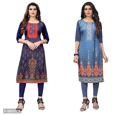 SANSKRUTI FASHION Women's Crepe Digital Print Straight Kurta(Pack-2) (XL, BlueBluegrey)-thumb0