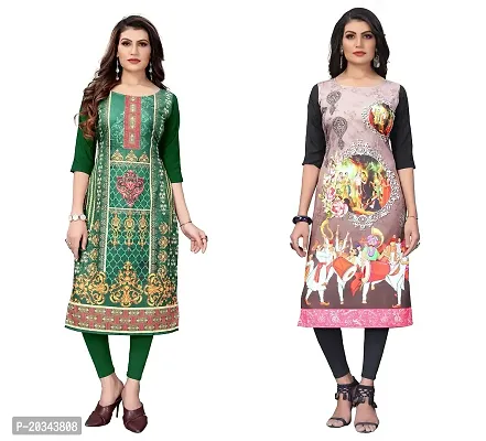 SANSKRUTI FASHION Women's Crepe Digital Print Straight Kurta(Pack of 2) (S, ForestGreenCream)