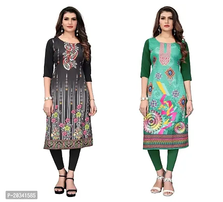 SANSKRUTI FASHION Women's Crepe Digital Print Straight Kurta(Pack of 2) (M, BlackDarkGreen)