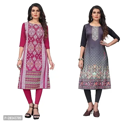 SANSKRUTI FASHION Women's Crepe Digital Print Straight Kurta(Pack of 2) (XL, DEEPPINKSILVERBLACK)-thumb0