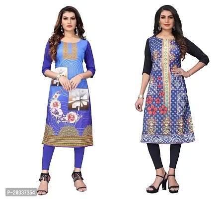 SANSKRUTI FASHION Women's Crepe Digital Print Straight Kurta(Pack of 2) (L, BlueSTEEBLUE)