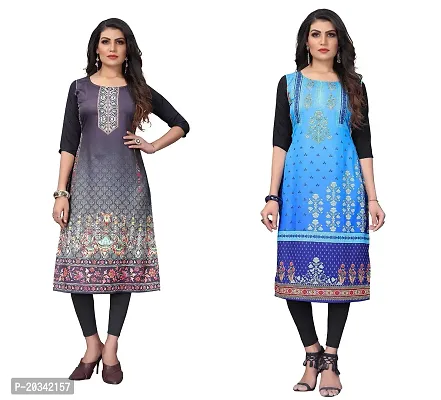 SANSKRUTI FASHION Women's Crepe Digital Print Straight Kurta(Pack of 2) (L, SILVERBLACKBabyblue)-thumb0