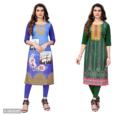 SANSKRUTI FASHION Women's Crepe Digital Print Straight Kurta(Pack of 2) (S, BlueLightGreen)