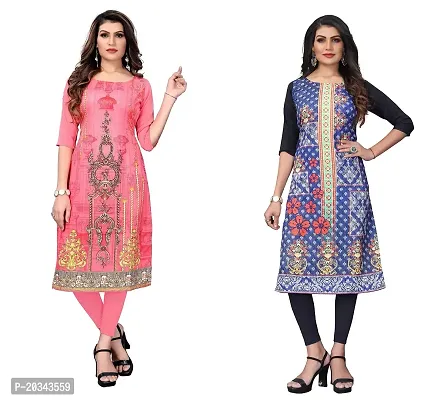 SANSKRUTI FASHION Women's Crepe Digital Print Straight Kurta(Pack of 2) (S, CORALPINKSTEEBLUE)-thumb0