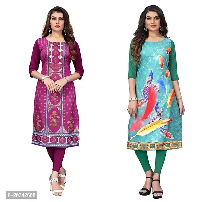 SANSKRUTI FASHION Women's Crepe Digital Print Straight Kurta(Pack of 2) (XL, DARKPURPELSeagreen)-thumb0