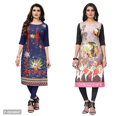 SANSKRUTI FASHION Women's Crepe Digital Print Straight Kurta(Pack of 2) (XL, DARKBLUECream)-thumb0