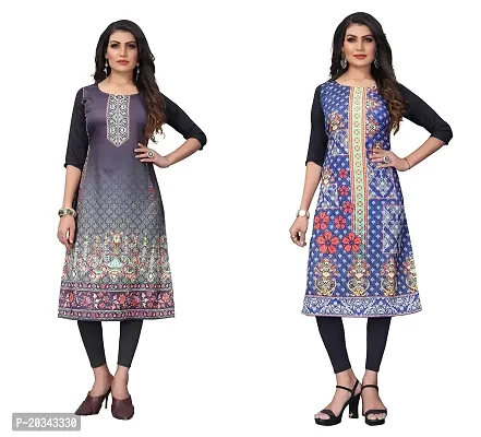 SANSKRUTI FASHION Women's Crepe Digital Print Straight Kurta(Pack of 2) (XXL, SILVERBLACKSTEEBLUE)-thumb0