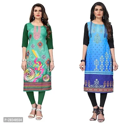 SANSKRUTI FASHION Women's Crepe Digital Print Straight Kurta(Pack 2) (L, DarkGreenBabyblue)-thumb0