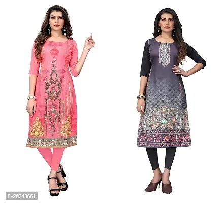 SANSKRUTI FASHION Women's Crepe Digital Print Straight Kurta(Pack of 2) (L, CORALPINKSILVERBLACK)