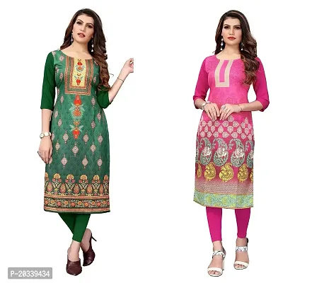 SANSKRUTI FASHION Women's Crepe Digital Print Straight Kurta(Pack of 2) (S, GreenPink)