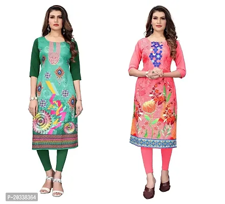 SANSKRUTI FASHION Women's Crepe Digital Print Straight Kurta(Pack 2) (L, DarkGreenPeach)-thumb0