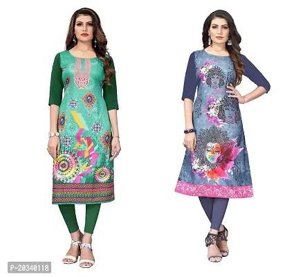 SANSKRUTI FASHION Women's Crepe Digital Print Straight Kurta(Pack 2) (XL, DarkGreenSLATEGREY)-thumb0