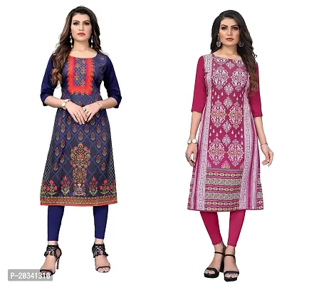 SANSKRUTI FASHION Women's Crepe Digital Print Straight Kurta(Pack of 2) (XXL, NAVYBLUEDEEPPINK)-thumb0