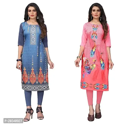 SANSKRUTI FASHION Women's Crepe Digital Print Straight Kurta(Pack of 2) (L, BluegreyRosepink)