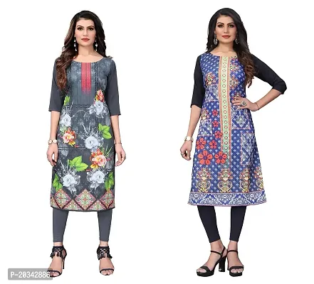 SANSKRUTI FASHION Women's Crepe Digital Print Straight Kurta(Pack of 2) (XXL, LIGHTGREYSTEEBLUE)-thumb0