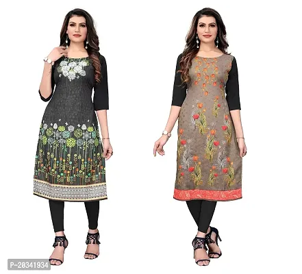 SANSKRUTI FASHION Women's Crepe Digital Print Straight Kurta(Pack of 2) (XL, DARKBLACKSADDLEBROWN)-thumb0