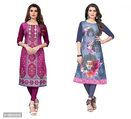 SANSKRUTI FASHION Women's Crepe Digital Print Straight Kurta(Pack of 2) (L, DARKPURPELSLATEGREY)-thumb0