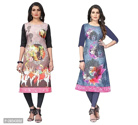 SANSKRUTI FASHION Women's Crepe Digital Print Straight Kurta(Pack of 2) (M, CreamSLATEGREY)-thumb0