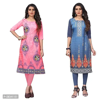 SANSKRUTI FASHION Women's Crepe Digital Print Straight Kurta(Pack of 2) (M, TOMATOPINKBluegrey)-thumb0