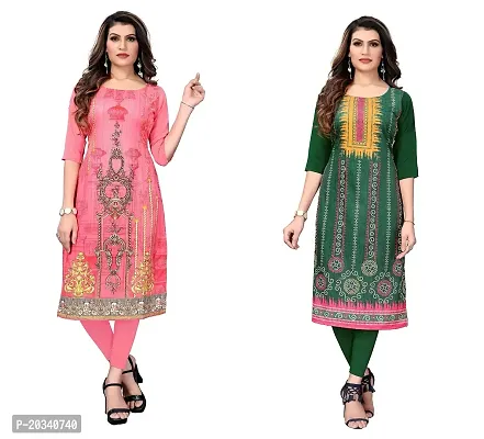 SANSKRUTI FASHION Women's Crepe Digital Print Straight Kurta(Pack of 2) (L, CORALPINKLightGreen)