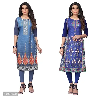 SANSKRUTI FASHION Women's Crepe Digital Print Straight Kurta(Pack of 2) (XXL, BluegreyDODGEBLUE)-thumb0