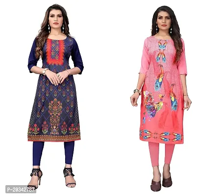 SANSKRUTI FASHION Women's Crepe Digital Print Straight Kurta(Pack-2) (L, BlueRosepink)